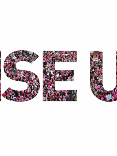 The words RISE UP made up of images of a crowd of people, many of them wearing pink hats