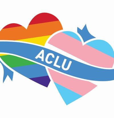 One heart with rainbow coloring and another heart alternating with pink and blue together under a blue banner that says ACLU
