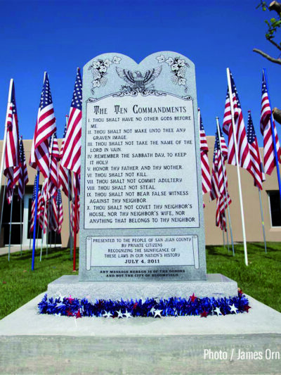 Picture of the Ten Commandments monument outside Bloomfield City Hall