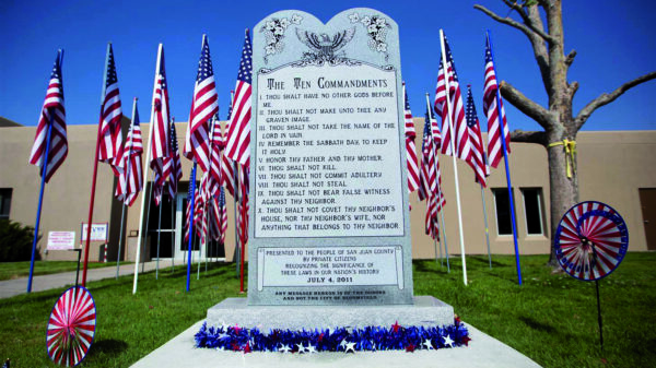 Picture of the Ten Commandments monument outside Bloomfield City Hall