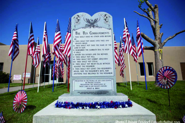 Picture of the Ten Commandments monument outside Bloomfield City Hall