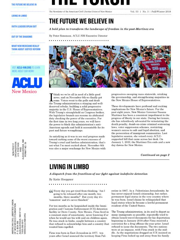 Front page of the Winter 2018 Torch Newsletter