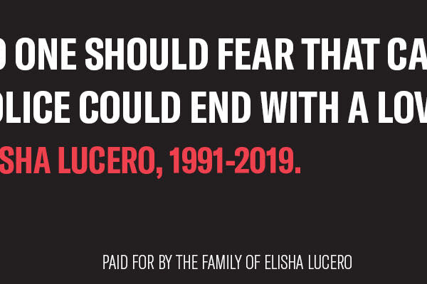 Billboard with Elisha Lucero's image with text "No one should fear that calling the police could end with a loved one dead. Elisha Lucero, 1991-2019. #Justice4Elisha