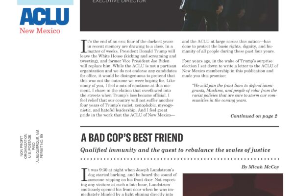 Image showing front page ofTorch Newsletter featuring a picture of Donald Trump fading away and a image of the scales of justice with a shadowy figure placing a finger on the scale.