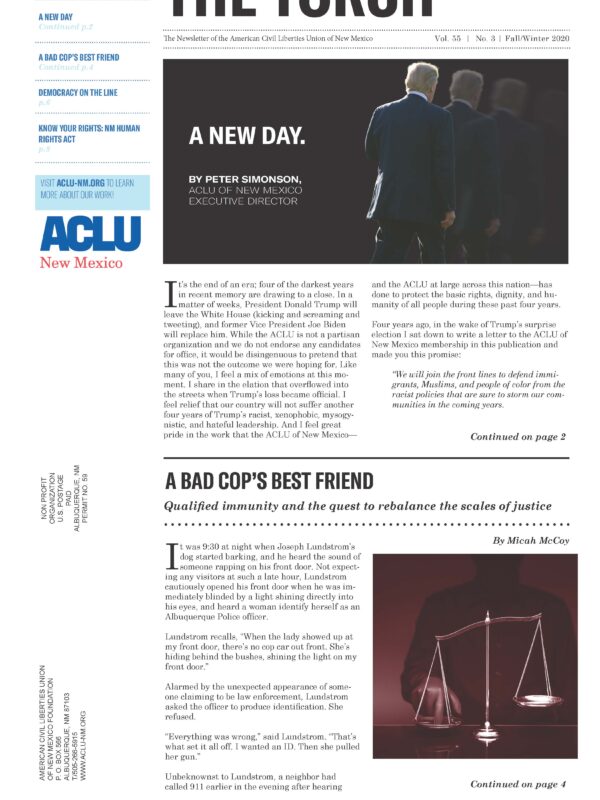 Image showing front page ofTorch Newsletter featuring a picture of Donald Trump fading away and a image of the scales of justice with a shadowy figure placing a finger on the scale.