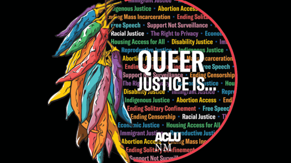 Black graphic that reads "queer justice is..." with various topics listed behind.