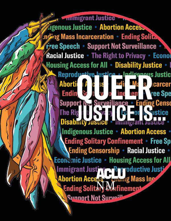 Black graphic that reads "queer justice is..." with various topics listed behind.