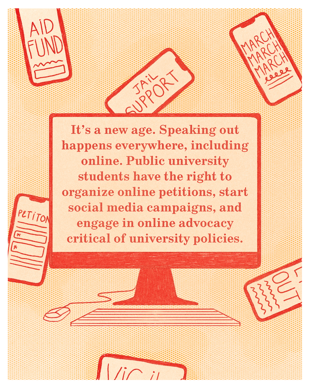 It's a new age, speaking happens everywhere, including online. Public university students have the right to organize online petitions, start social media campaigns, and engage in online advocacy critical of university policies.