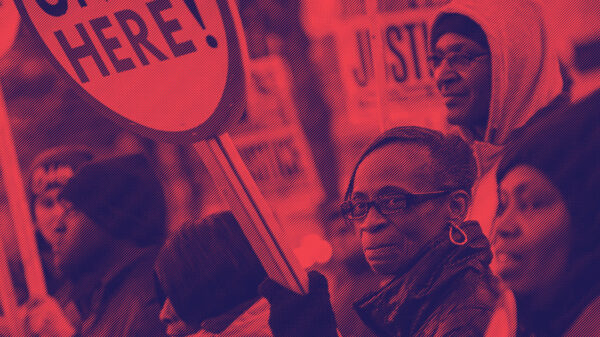 Stylized image of a group of people at a protest or rally.