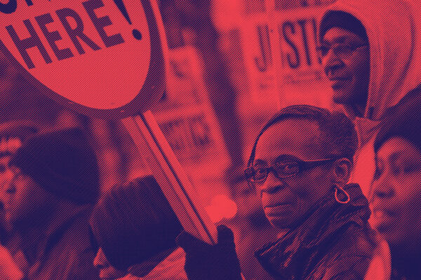 Stylized image of a group of people at a protest or rally.