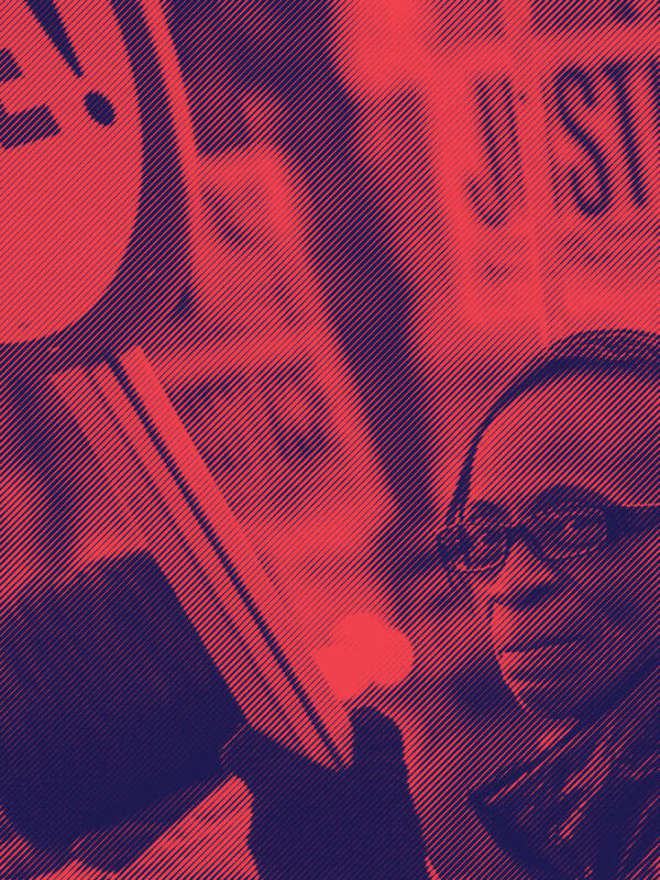 Stylized image of a group of people at a protest or rally.