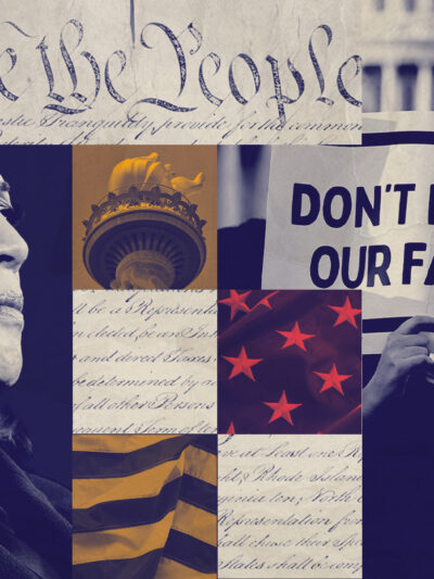 A graphic featuring Harris and imagery pertaining to immigration.