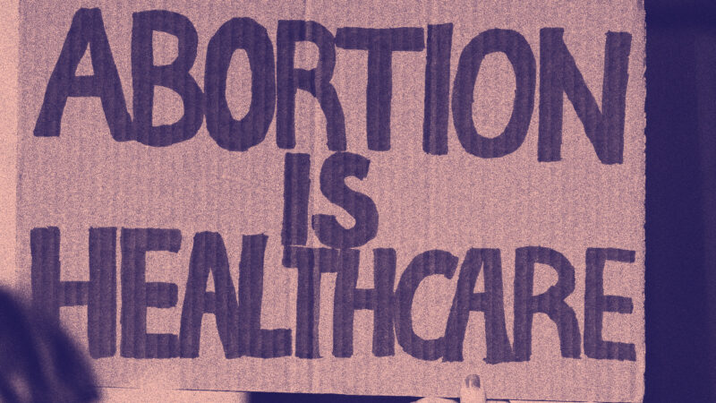 Stylized image of someone holding up a sign that reads "Abortion is healthcare"