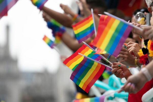 Rainbow flags held in a crowd