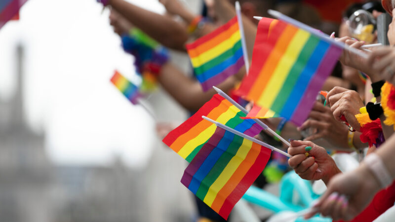 Rainbow flags held in a crowd
