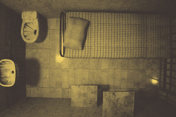 An overhead view of a solitary jail cell with a single metal bed frame and a thin mattress. The cell includes a basic toilet and sink, all enclosed within the bare, confined space, evoking a stark and austere atmosphere.