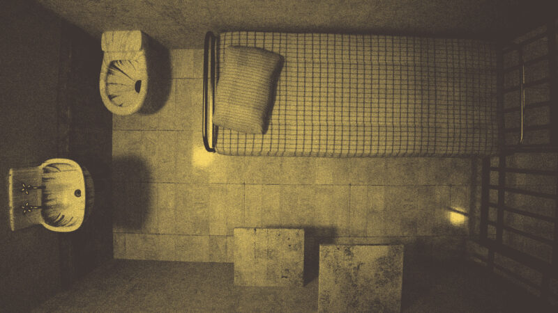 An overhead view of a solitary jail cell with a single metal bed frame and a thin mattress. The cell includes a basic toilet and sink, all enclosed within the bare, confined space, evoking a stark and austere atmosphere.