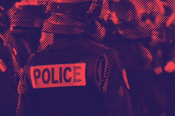 Stylized image of a group of police officers, with one in the center facing away from the camera. The word 'POLICE' is visible on the back of the officer's jacket.
