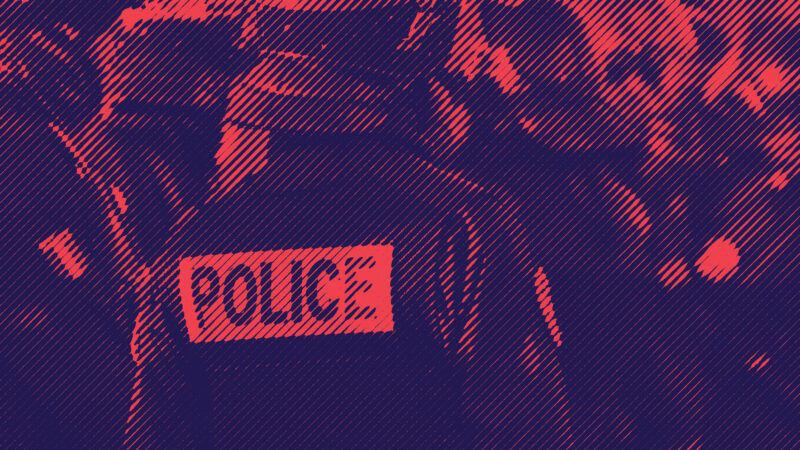 Stylized image of a group of police officers, with one in the center facing away from the camera. The word 'POLICE' is visible on the back of the officer's jacket.