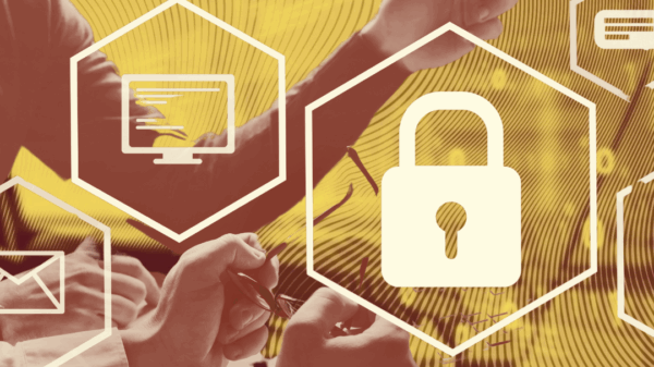 Data Icons with people at a computer pointing towards a screen off frame.