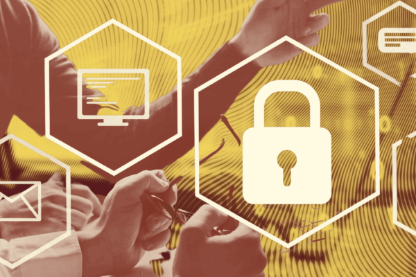 Data Icons with people at a computer pointing towards a screen off frame.