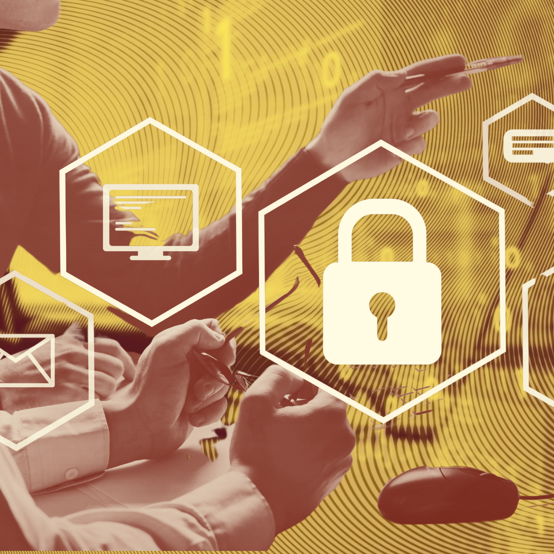 Data Icons with people at a computer pointing towards a screen off frame.