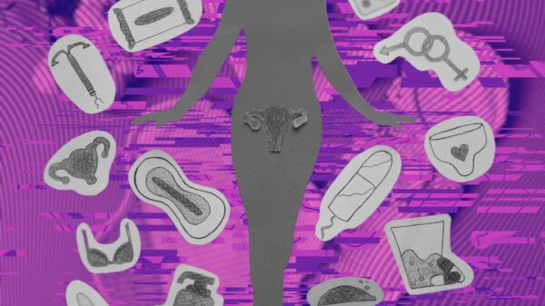 A person surrounded by menstrual products.