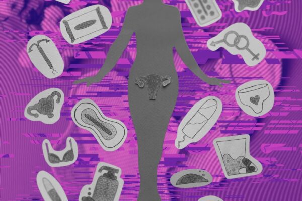 A person surrounded by menstrual products.