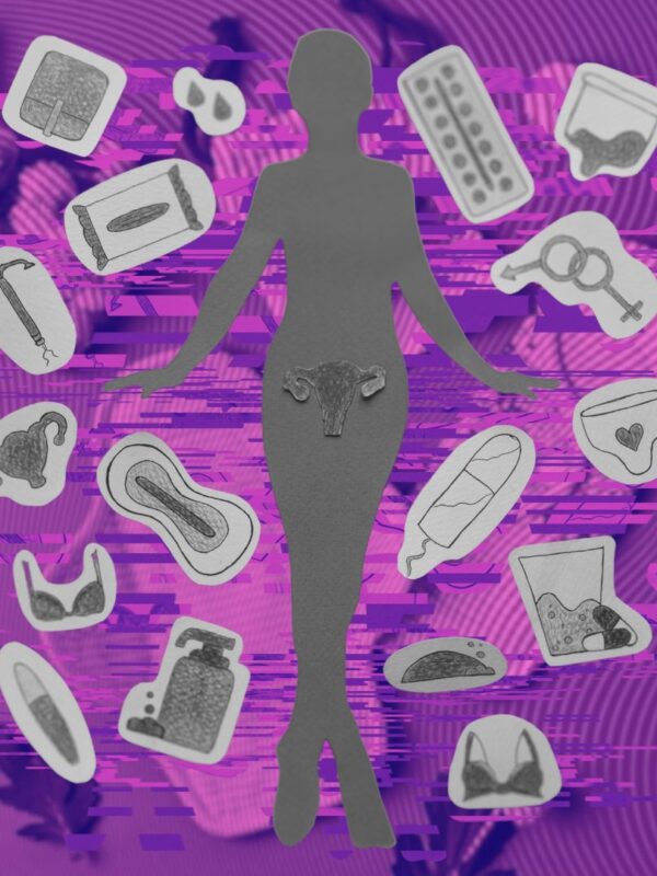 A person surrounded by menstrual products.