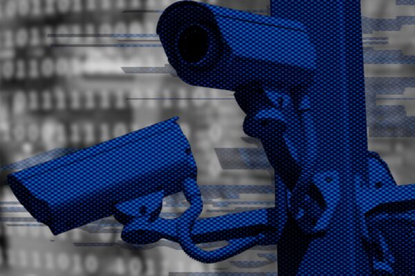 A series of security cameras in front of a ominous background that resembles a spy lab.