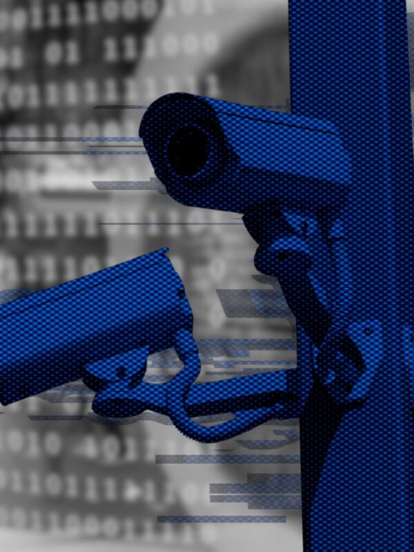 A series of security cameras in front of a ominous background that resembles a spy lab.