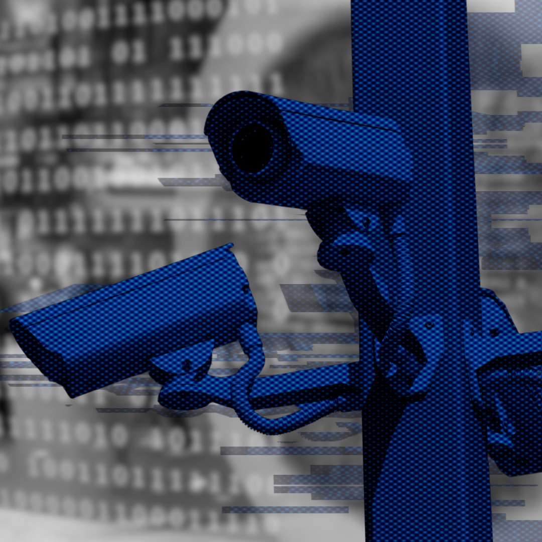 A series of security cameras in front of a ominous background that resembles a spy lab.