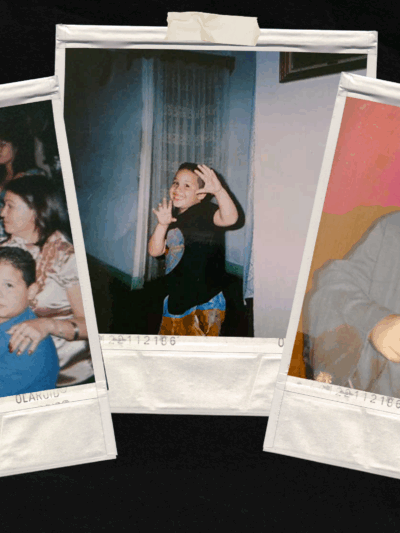 Stylized image of a group of Junior's childhood pictures inside polaroid frames
