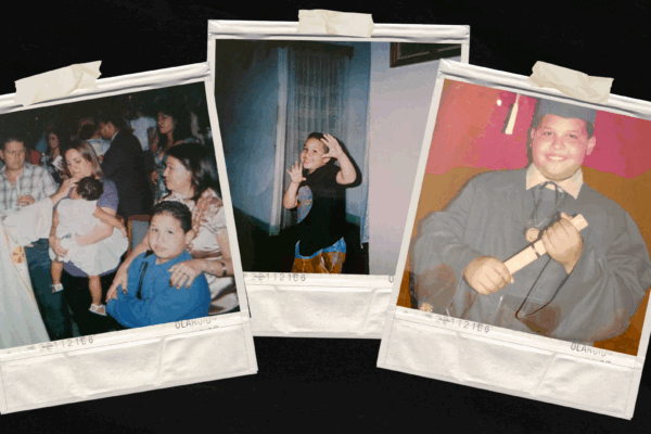 Stylized image of a group of Junior's childhood pictures inside polaroid frames