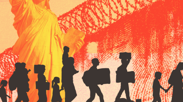 An image with immigrants and the statue of liberty and prison walls behind them.