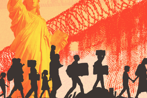 An image with immigrants and the statue of liberty and prison walls behind them.