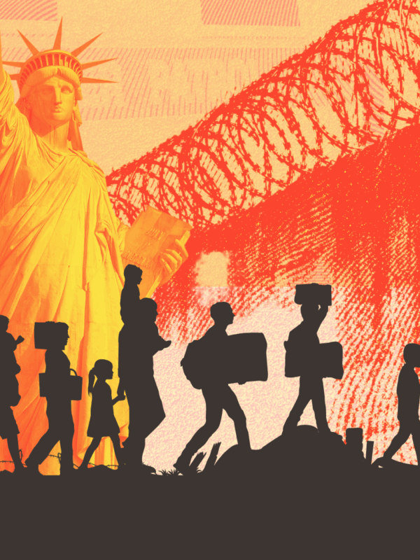 An image with immigrants and the statue of liberty and prison walls behind them.