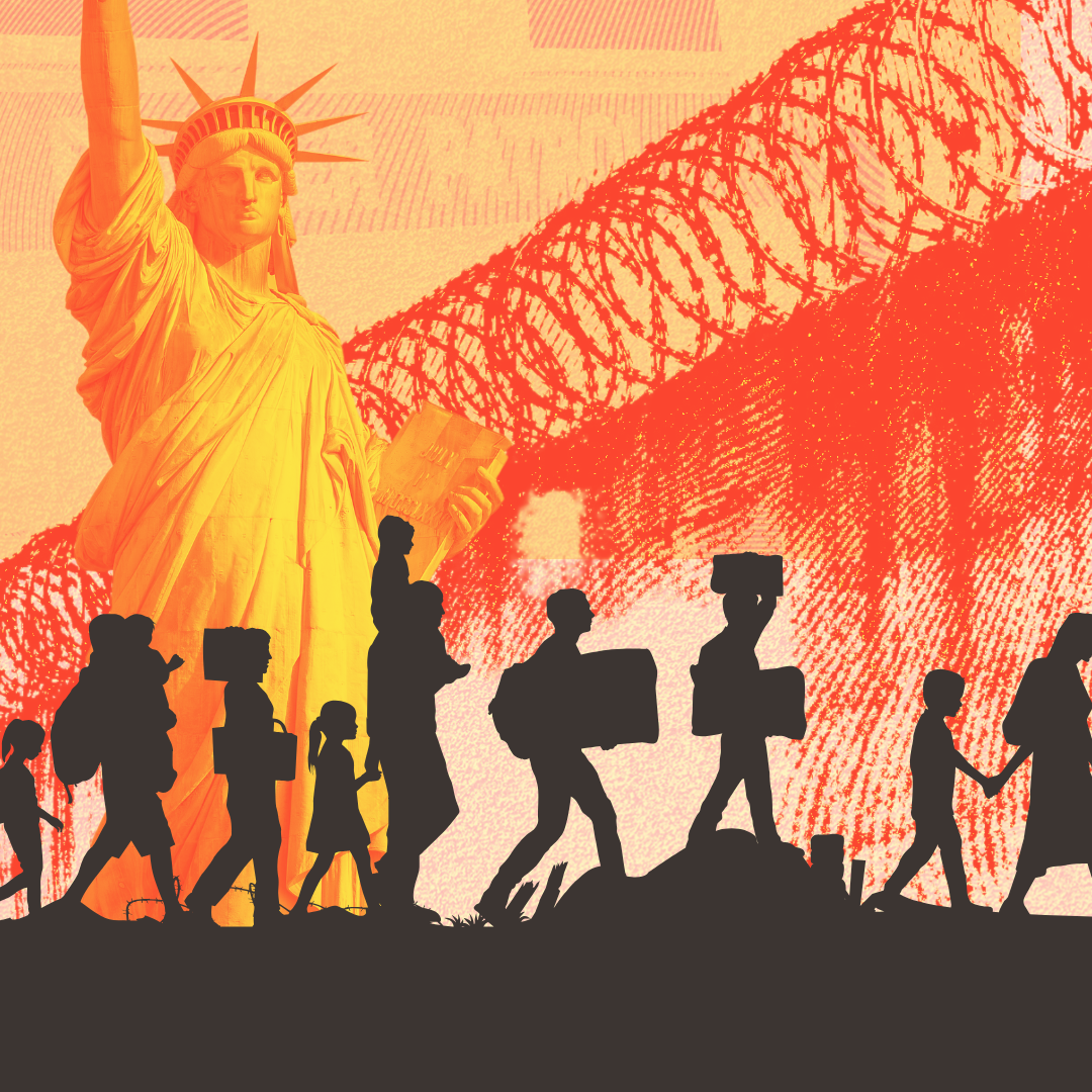 An image with immigrants and the statue of liberty and prison walls behind them.