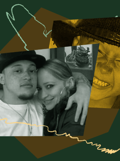 Stylized collage image of O'Shay Toney pictured with his mother. Another image of O'Shay when he was a child is pictured behind it.