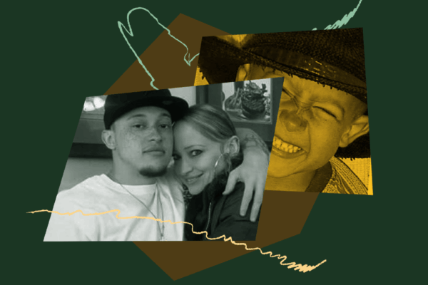 Stylized collage image of O'Shay Toney pictured with his mother. Another image of O'Shay when he was a child is pictured behind it.