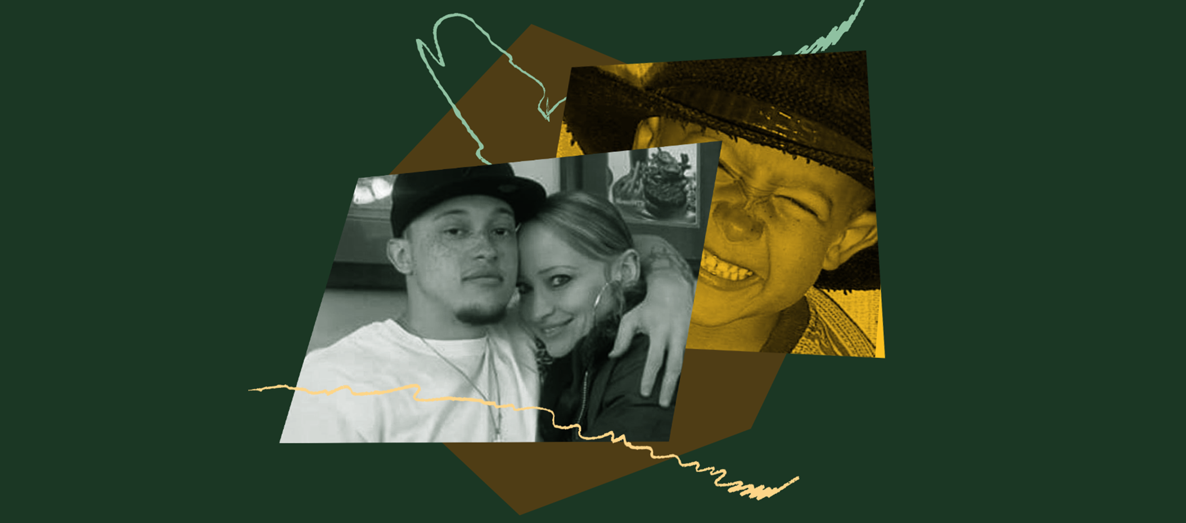 Stylized collage image of O'Shay Toney pictured with his mother. Another image of O'Shay when he was a child is pictured behind it.