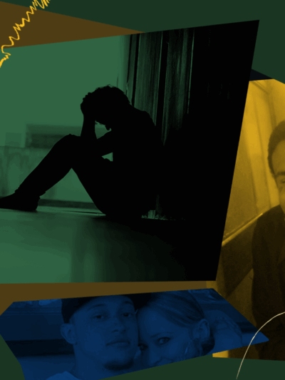 Stylized image of plantiffs in front of a dark green background, a silhouette of a man sitting down on pavement looking distressed is centered in the photo stylized in green.