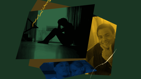 Stylized image of plantiffs in front of a dark green background, a silhouette of a man sitting down on pavement looking distressed is centered in the photo stylized in green.