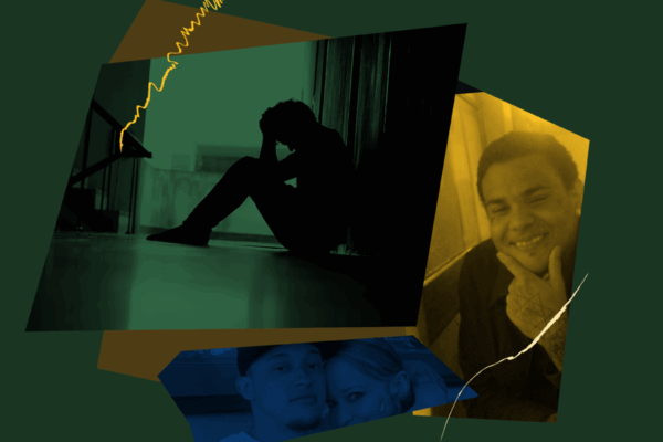 Stylized image of plantiffs in front of a dark green background, a silhouette of a man sitting down on pavement looking distressed is centered in the photo stylized in green.