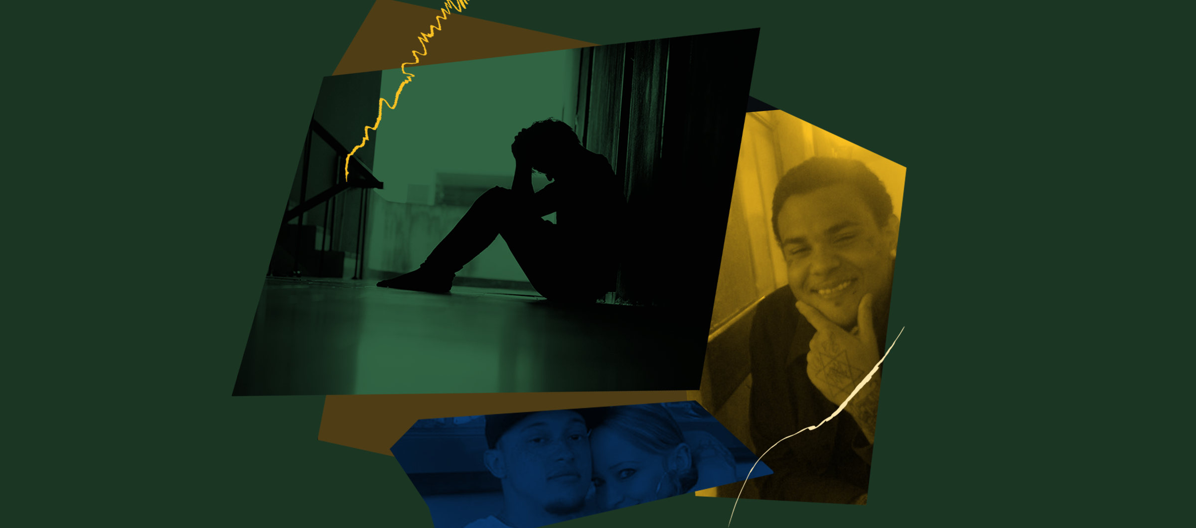 Stylized image of plantiffs in front of a dark green background, a silhouette of a man sitting down on pavement looking distressed is centered in the photo stylized in green.