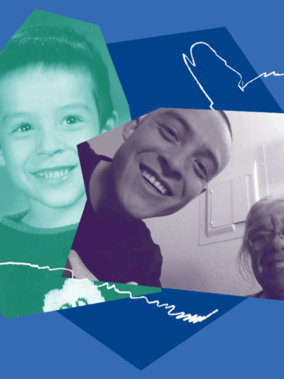 Blue collage images of Mah-konce; a childhood picture of him with a green filter; another photo of him smiling next to someone in a purple filter