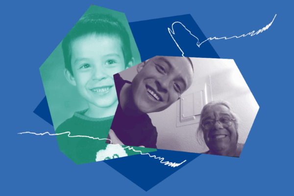 Blue collage images of Mah-konce; a childhood picture of him with a green filter; another photo of him smiling next to someone in a purple filter