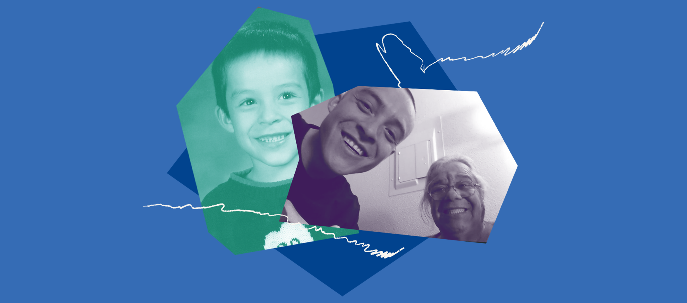 Blue collage images of Mah-konce; a childhood picture of him with a green filter; another photo of him smiling next to someone in a purple filter