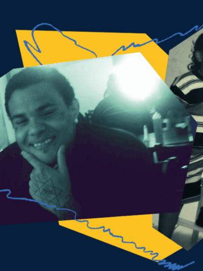 Dark blue collage image of GuJuan, featuring a recent photo of him along with a childhood picture in various color filters