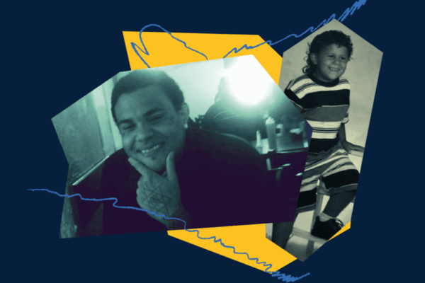 Dark blue collage image of GuJuan, featuring a recent photo of him along with a childhood picture in various color filters